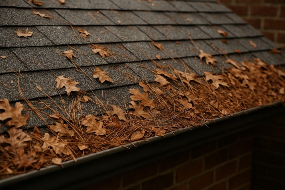 Leaves on a roof.